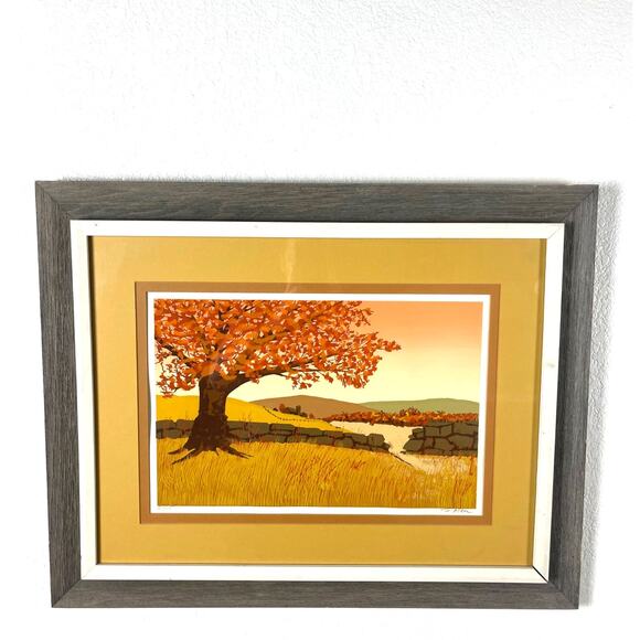Autumn Landscape Lithograph Framed Artwork - Picture 1 of 9
